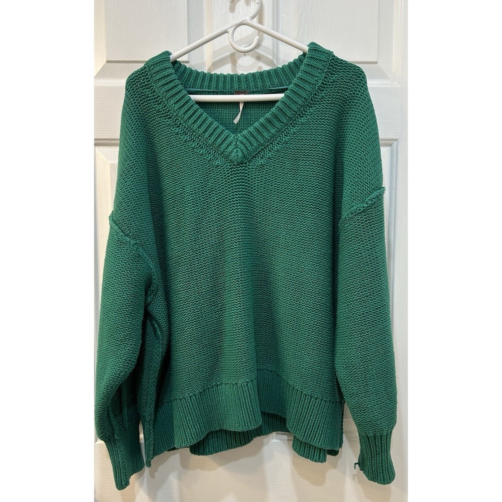 Free People Alli V-Neck Kelly Green Oversized Sweater Size S Pullover Slouchy